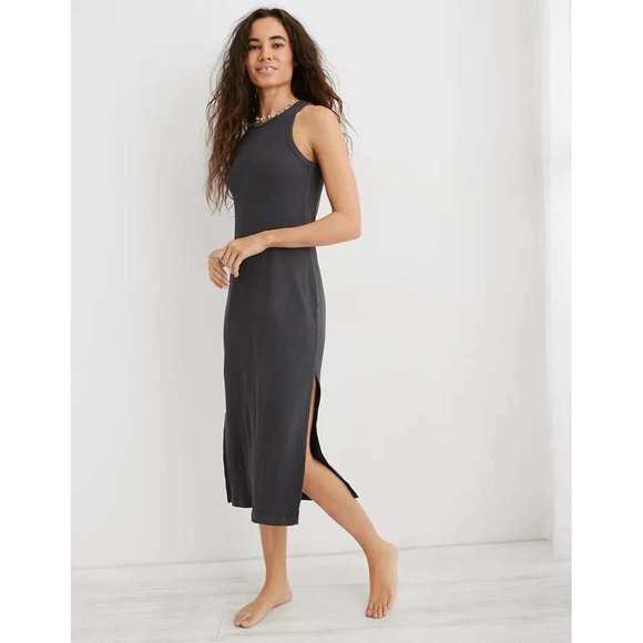 aerie Dresses & Skirts - Aerie Ribbed Tank Dress High Neck Sleeveless Midi Side Slit Gray Womens‎ XXL